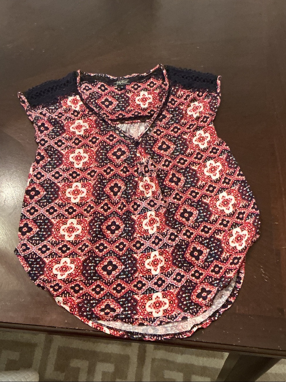 Lucky Brand Red and Navy Printed Cap-Sleeve V-Neck Camisole